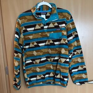 Patagonia Synchilla Fleece Pullover in Teal and Brown Geometric Pattern Size M